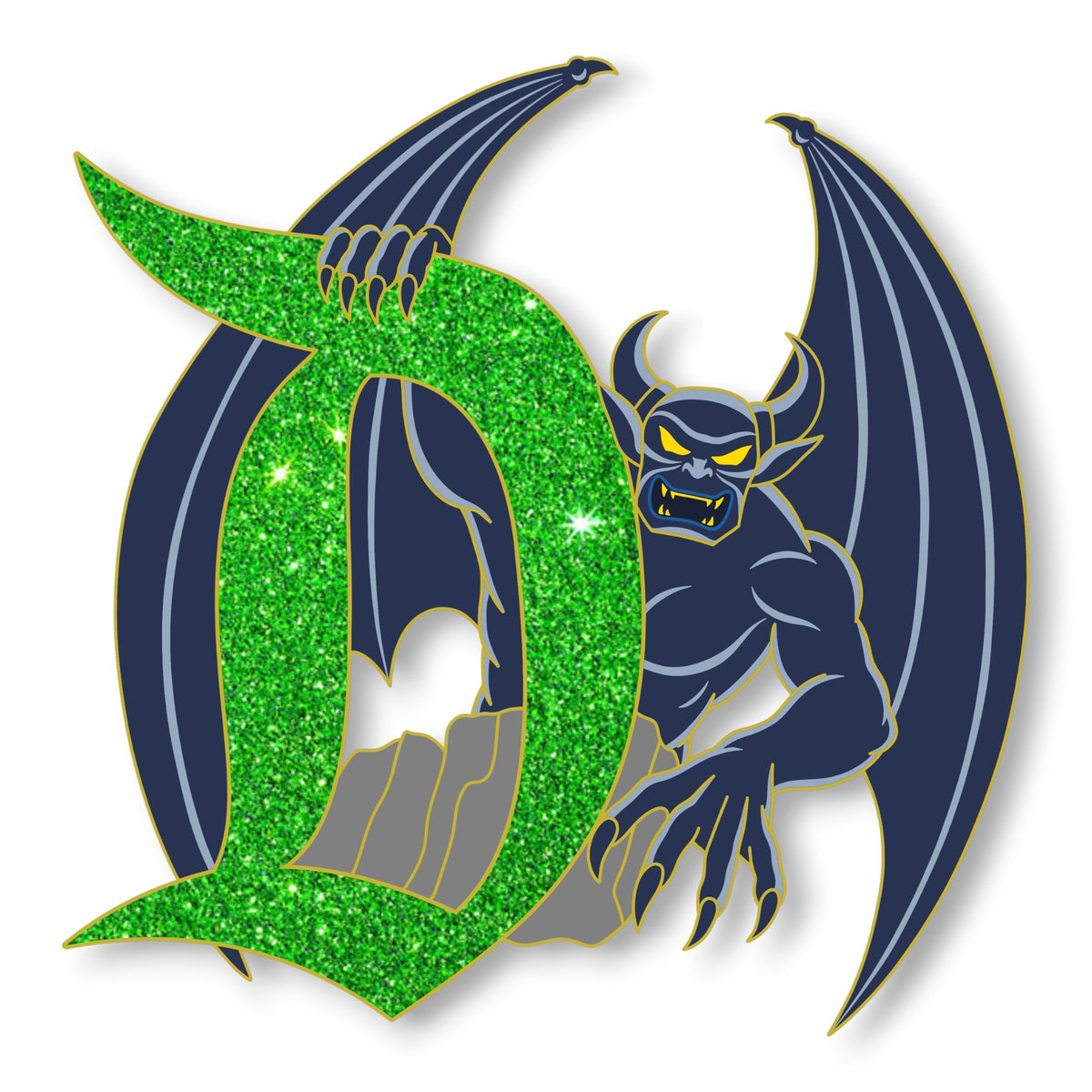 Chernabog with wings spread beside a green glitter Signature D