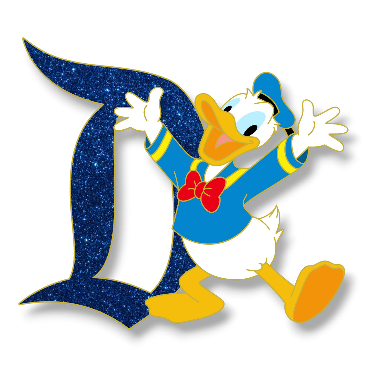Donald Duck in his blue sailor outfit beside a blue glitter Signature D