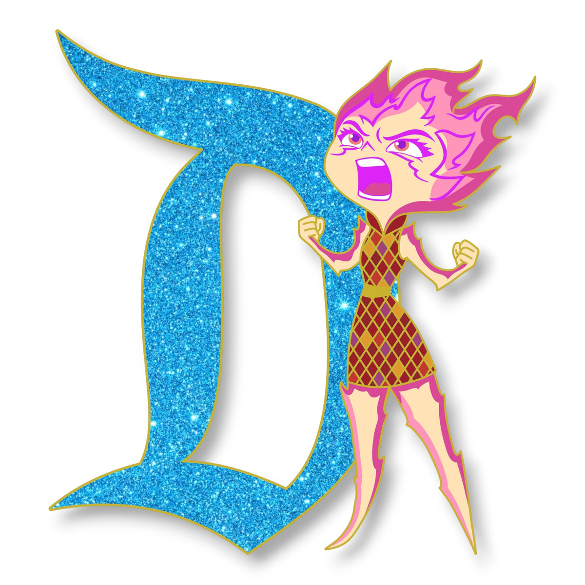 Ember with clenched fists beside a light blue glitter Signature D