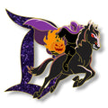 Headless Horseman on a black horse beside a purple glitter Signature D