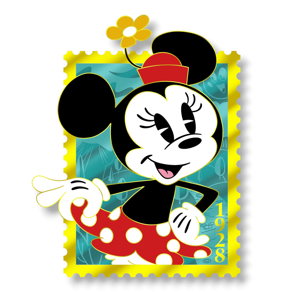 Minnie in a red polka-dot skirt and flower hat on a teal 1928 stamp with a gold border