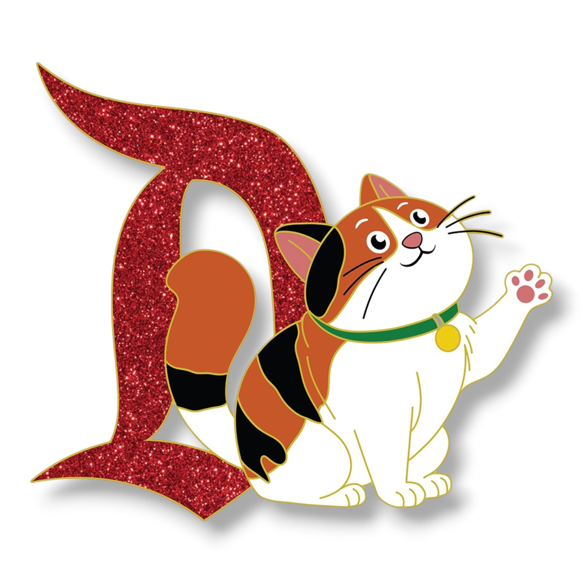Signature D - LE 60 Mochi Fantasy Pin - Red Glitter D with calico cat