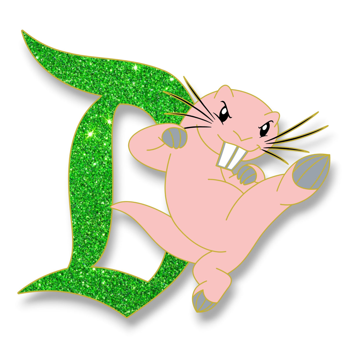 Rufus kicking beside a green glitter Signature D
