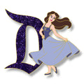 Vanessa in a lavender skirt beside a purple glitter Signature D