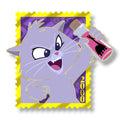Yzma in cat form holding a pink potion on a purple 2000 stamp with a gold border