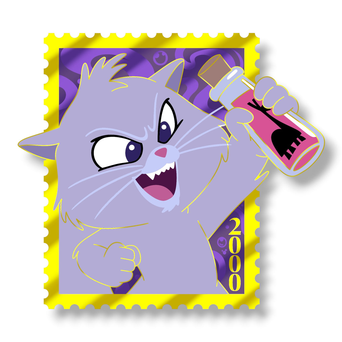 Yzma in cat form holding a pink potion on a purple 2000 stamp with a gold border